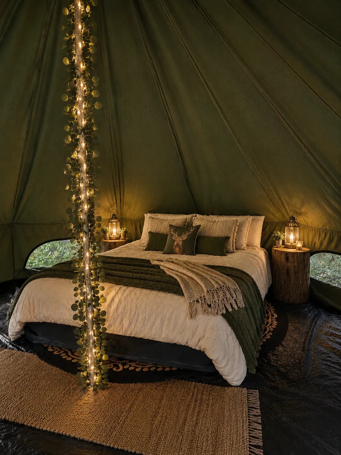 A styled example of the bell tent interior: a made bed with cream and olive-green linens and a deer accent pillow, flanked by lantern-topped log side tables, a garland of leaves and warm lights running down the center pole, and woven rugs on the floor.