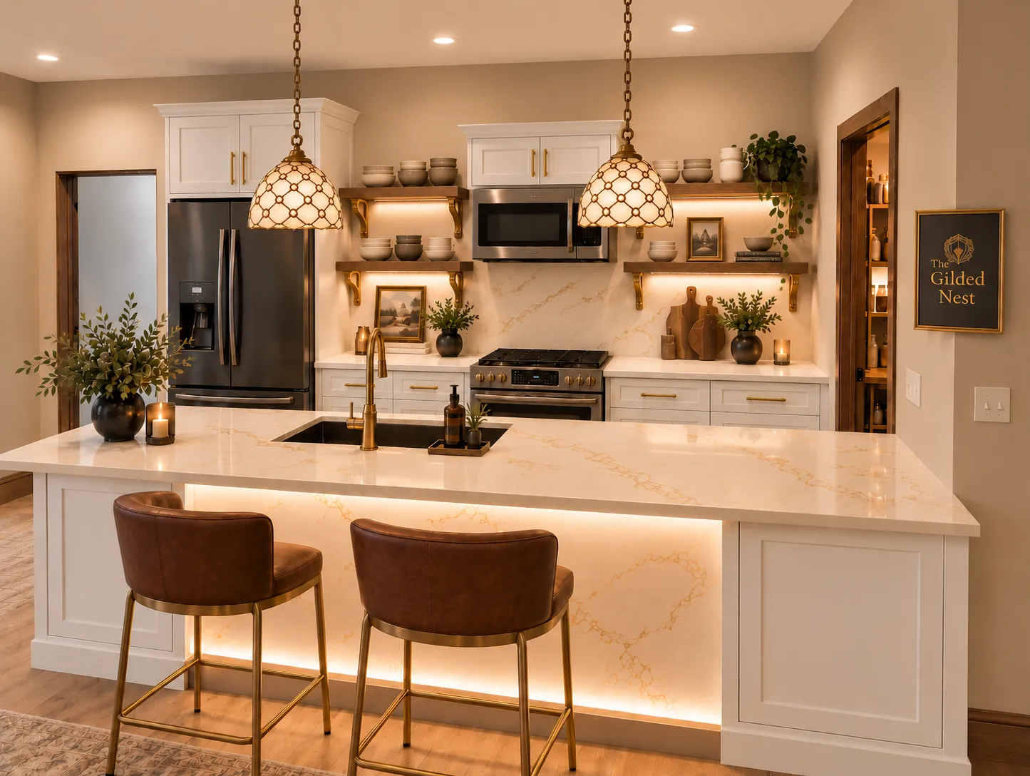 The Gilded Nest's full kitchen: a large marble-topped island with two brown leather counter stools, white cabinetry with gold hardware and pendant lights, a gas range, stainless refrigerator, open shelves of dishware, and a framed 'The Gilded Nest' sign by the doorway.