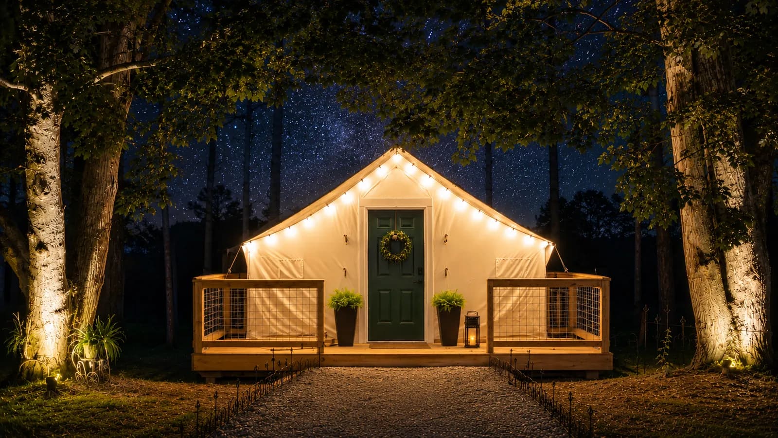 The Velvet Buck canvas tent lit from within at night, string lights along the roofline and a green front door with a wreath, framed by uplit trees and a gravel path.